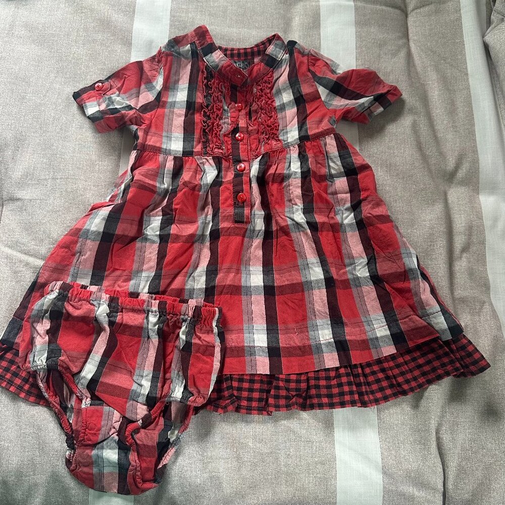 EUC Children's Place Red Plaid Shirt Dress with Bloomers Sz 24 mos